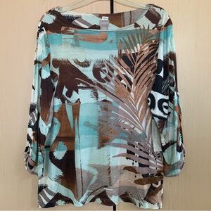 NWT Chico's Women's 3/4 Ruched Sleeve Boat Neck‎ Knit Top Tribal Petite 2P (LP)